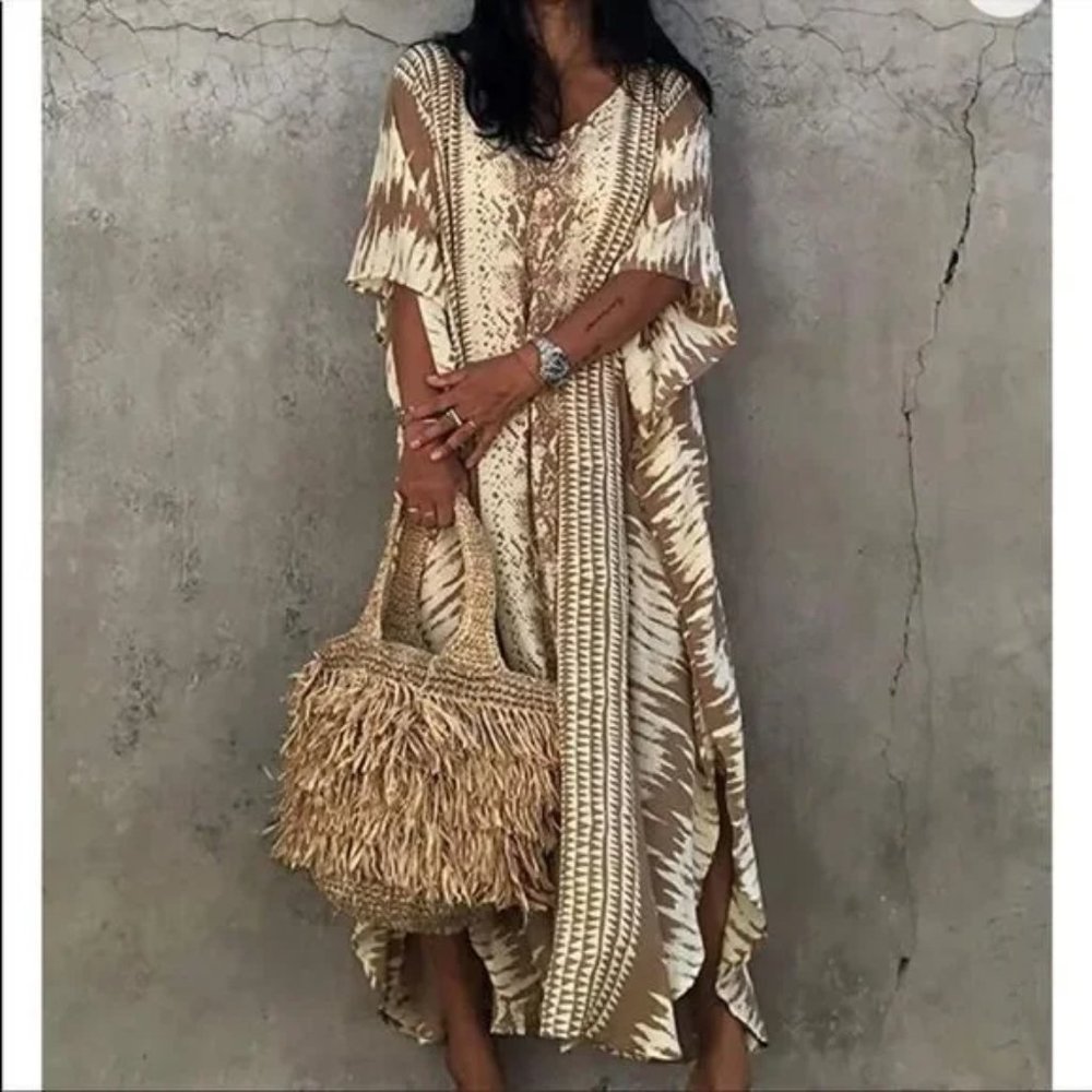 New Coffee Water Print Cover Up Dress